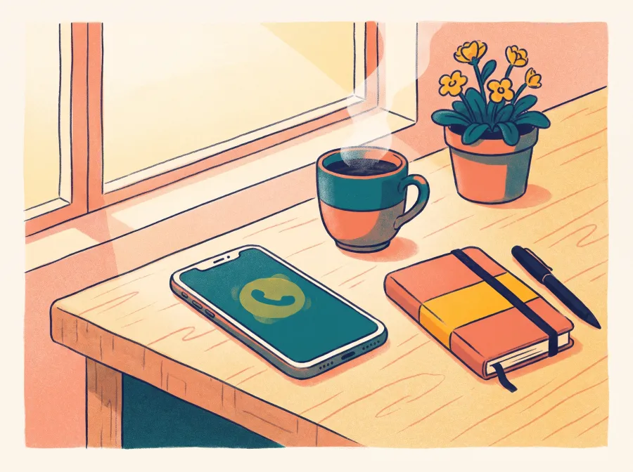 Illustrazione di una scrivania con un telefono, una tazza di caffè e un quaderno